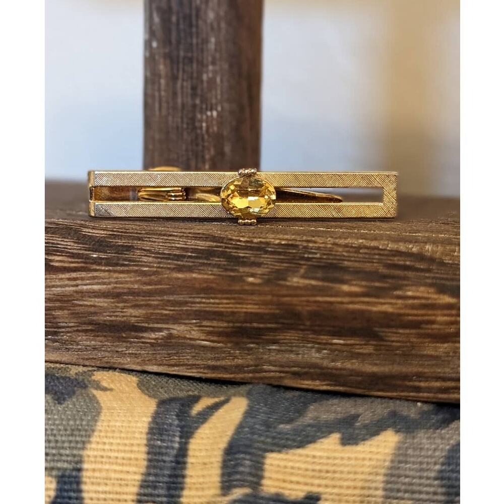 Vintage Swank Yellow Jewel Gold Tone Tie Bar Clip